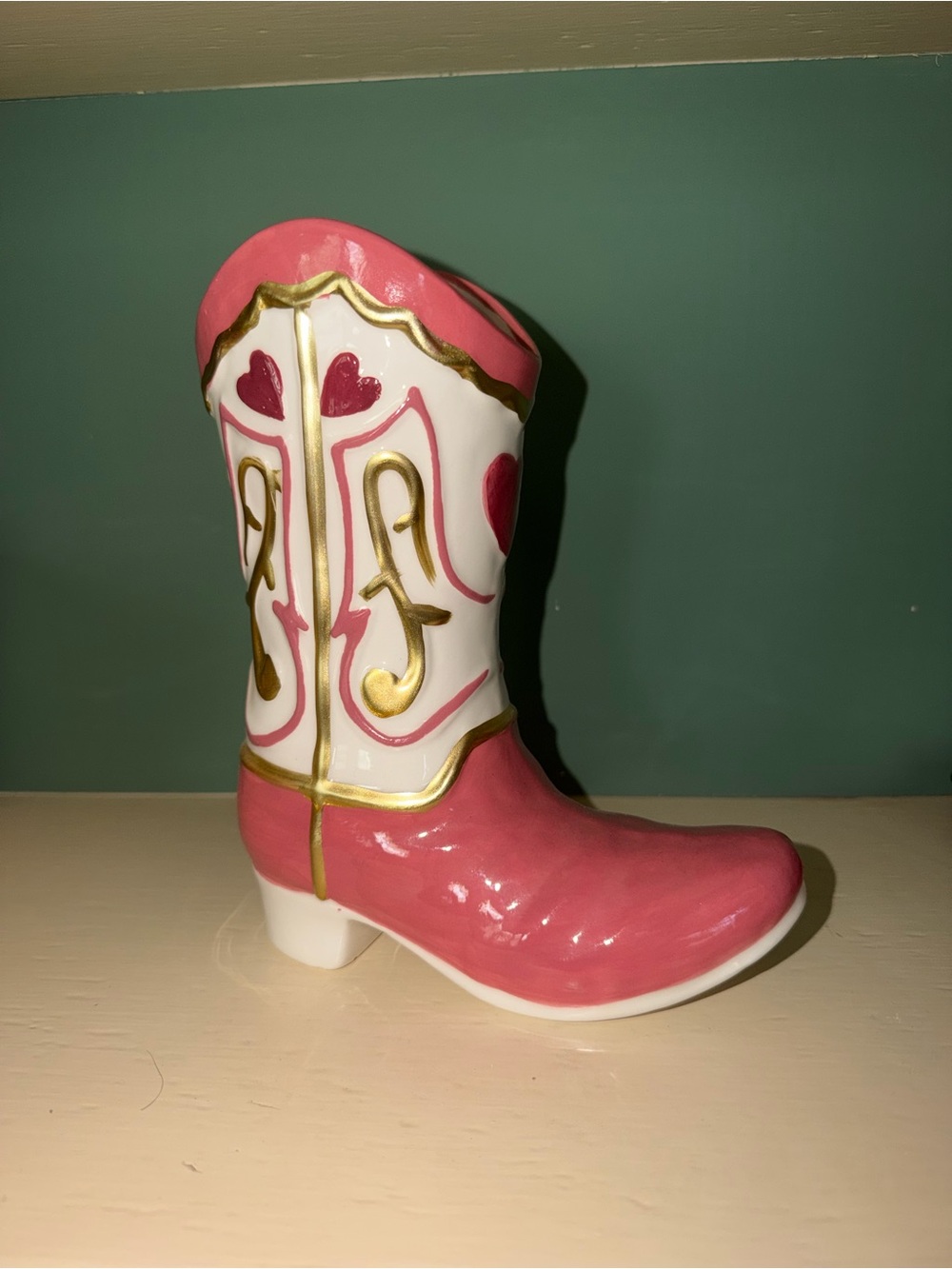 Ashland Pink and White Ceramic Cowboy Boot Vase with Gold Trim